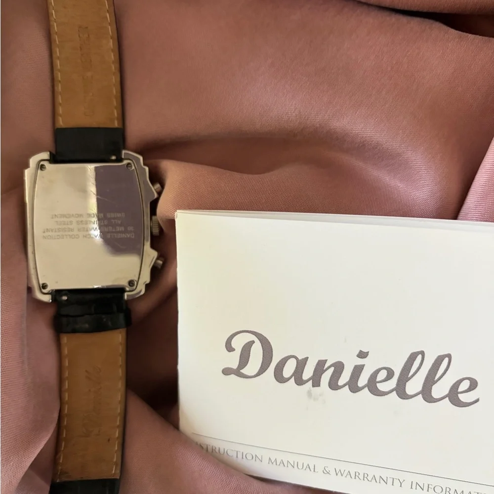 Danielle Silver-Tone Rectangular Watch with Black Leather Strap